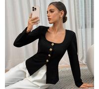Camicia nera da donna a maniche lunghe, collo quadrato in maglia, con decorazione di bottoni color oro rosa, aderente, adatta per l'ufficio e il lavoro, stile professionale e casual elegante L,M,S,XLC