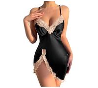 Camicia Notte Donna Sexy Raso Camicia da Notte Corta Scollo a V con Cinturino per Spaghetti Sottoveste da in Raso Donne Sottoveste Sexy in Seta Spalline Regolabili (Black, XXXL)