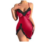 Camicia Notte Donna Sexy Raso Camicia da Notte Corta Scollo a V con Cinturino per Spaghetti Sottoveste da in Raso Donne Sottoveste Sexy in Seta Spalline Regolabili (Red, XXL)