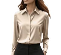 Camicia oversize da donna estiva: camicia in raso, elegante a maniche lunghe, con risvolto, in seta, non necessita di stiratura, camicetta da lavoro, camicia da donna, cachi, S