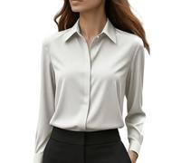 Camicia oversize da donna estiva: camicia in raso, elegante a maniche lunghe, con risvolto, in seta, non necessita di stiratura, camicetta da lavoro, camicia da donna, Light Ashy, XL