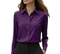 Camicia oversize da donna estiva: camicia in raso, elegante a maniche lunghe, con risvolto, in seta, non necessita di stiratura, camicetta da lavoro, camicia da donna, Lilla, XL