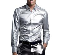 Camicia Paillettes Uomo Raso Collo Mao Manica Lunga Button Down Camicia Uomo Leggero Estate Tinta unita Camicia Risvolto Vacanza Collo Mao Regular Fit Shirt Top Cheap, grigio, L