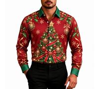 Camicia patchwork da uomo a maniche lunghe button down festivo renna top | Il design patchwork chic con renne alberi di Natale crea un'estetica sofisticata ma festosa smart-casual