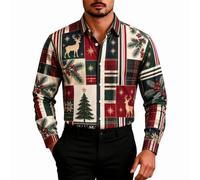 Camicia patchwork da uomo a maniche lunghe button down festivo renna top | Il design patchwork chic con renne alberi di Natale crea un'estetica sofisticata ma festosa smart-casual