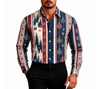 Camicia patchwork da uomo a maniche lunghe button down festivo renna top | Il design patchwork chic con renne alberi di Natale crea un'estetica sofisticata ma festosa smart-casual