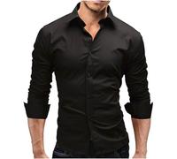 Camicia per il tempo libero da uomo, tinta unita, per il lavoro, non necessita di stiratura, senza pieghe, slim fit, a maniche lunghe, con bottoni, per il tempo libero, traspirante, da uomo, Nero , M