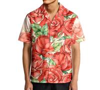 Camicia per San Valentino da uomo, colletto da campo, rosa, a maniche corte, casual, con bottoni, abbigliamento alla moda | per le vacanze, Rose sfumate acquerello, XXL