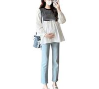 Camicia premaman alla moda a maniche lunghe con design a due pezzi, leggera, perfetta per area di lavoro e uso quotidiano, camicetta casual premaman a maniche lunghe, Nero e bianco, XL