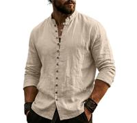 Camicia Retrò Vichinga Uomo a Maniche Lunghe in Lino con Collo Dritto | Camicia Henley con colletto rialzato e abbottonatura frontale, Camicie in stile cinese con tasche