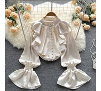 Camicia Rilucente In Seta Sintetica Con Rouches Top Moda Elegante Ufficio