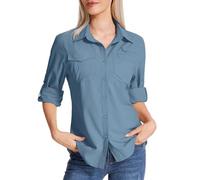 Camicia safari da donna UPF 50 con protezione solare UV ad asciugatura rapida, a maniche lunghe, per escursionismo, passeggiate, pesca, viaggi all'aperto, Blu oceano, XL