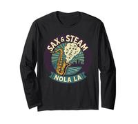 Camicia Sax e Vapore New Orleans Music River Skyline Art Maglia a Manica