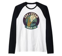 Camicia Sax e Vapore New Orleans Music River Skyline Art Maglia con Maniche Raglan