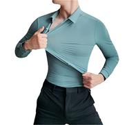 Camicia senza cuciture ad alta elasticità degli uomini, camicia casual sottile a maniche lunghe, camicie da abito da lavoro solido camicetta sociale partito, Verde, L