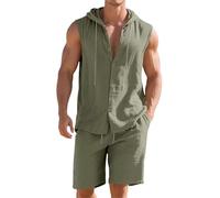 Camicia senza maniche con cappuccio casual in lino e pantaloncini da uomo in due pezzi con cappuccio tuta con cappuccio da uomo, Esercito En8, XXL