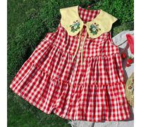 Camicia senza maniche con colletto Peter Pan, a quadri rossi e bianchi, taglia comoda, per l'estate 0XL,1XL,2XL,3XL,4XLFloreale,Vichy,PianteTessuto intrecciato