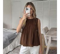 Camicia senza maniche con scollo rotondo, arricciata, a-line, stile bambola, 100% cotone puro tracciabile, tessuto confortevole, casual, rilassata, elegante, stile old money, per pendolarismo e vacanz