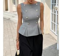 Camicia senza maniche da donna con bottoni decorativi dorati, top elegante da ufficio e pendolarismo, blusa business casual per estate, autunno e ritorno a scuola L,M,S,XSColore unicoTessuto intreccia