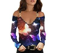 Camicia sexy da donna, casual, con scollo a V, stampa animale, a maniche lunghe, in pizzo, con chiusura lampo, elegante, camicetta estiva, Lilla, S