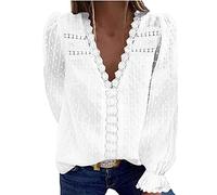 Camicia sexy in pizzo, con scollo a V, a maniche corte, per il tempo libero, estiva, tinta unita, elegante, in pizzo, camicetta da lavoro, casual, bianco, L