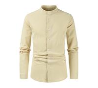 Camicia slim fit in cotone e lino da uomo camicie tinta unita a maniche lunghe in stile sud-est asiatico camicie girocollo camicia formale Regualr Fit abbottonatura manica lunga Smart casual top