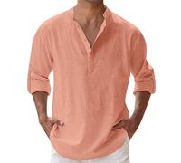 Camicia Slim Fit Uomo, Camicia Lino Uomo Manica Lunga Camicia Pullover A Maniche Lunghe Tinta Unita da Uomo Primavera Estate (Watermelon Red S)