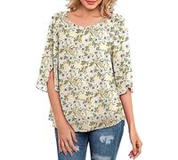 Camicia stampata a sette ottava maniche stampate alla moda, comoda, alla moda, leggera, traspirante, elegante, comoda, casual, con scollo a U, giallo., L