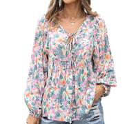 Camicia Stampata con Lacci da Donna Autunno con Scollo a V Casual Tunica Top Camicetta a Maniche Lunghe T-Shirt Moda Floreale Top Camicie Larghe (A-Rosa/M)
