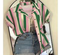 Camicia taglie forti con colletto a righe verticali a contrasto e orlo arrotolato a maniche corte 0XL,1XL,2XL,3XLA strisceTessuto intrecciato