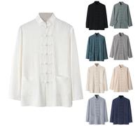 Camicia Tai Chi Uomo Tang Abito Stile Cinese Manica Lunga Cotone Camicia di Lino con Tasche Tinta unita Tradizionale Arti Marziali Abbigliamento Traspirante Kung Fu Camicie Primavera Estate Hanfu