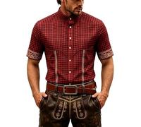 Camicia tradizionale bavarese da uomo a maniche corte con colletto alto, a | Camicia bavarese con stampa 3D a quadretti, vestibilità regolare, per il prato e le feste, bavarese tedesca, elegante