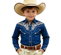 Camicia tradizionale da ragazzo, camicia western da cowboy con stampa, camicia a maniche lunghe con bottoni, per Oktoberfest, per il tempo libero, camicia da uomo, ricamata, stile cowboy casual, Blu