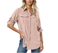 Camicia traspirante ad asciugatura rapida con colletto con bottoni, maniche lunghe con linguetta arrotolata, tasche multiple sul petto, protezione solare, camicetta allentata per donne, escursionismo