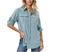 Camicia traspirante ad asciugatura rapida con colletto con bottoni, maniche lunghe con linguetta arrotolata, tasche multiple sul petto, protezione solare, camicetta allentata per donne, escursionismo
