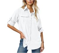 Camicia traspirante ad asciugatura rapida con colletto con bottoni, maniche lunghe con linguetta arrotolata, tasche multiple sul petto, protezione solare, camicetta allentata per donne, escursionismo