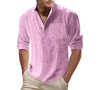 Camicia Uomo 2025 Camicie in Lino Solid Uomo Elegante Slim Fit Casual Scollo a V Manica Lunga Leggera Camicetta in Cotone Lino Estate Grandi Dimensioni Top Da Spiaggia Chic Collo Mao Casual Henley