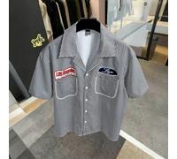 Camicia uomo a maniche lunghe con stampa a righe, silhouette ampia e squadrata, con stampa di lettere e bottoni fino in fondo 2XL,3XL,4XL,5XL,6XLA strisceTessuto intrecciato