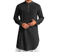 Camicia Uomo Arabo Collo Alto Bottoni - Thobe Qamis Djellaba Caftan Uomo Stile Islamico Medio Oriente Manica Lunga Bordo Irregolare per Preghiera Ramadan Eid Matrimonio Moschea Regalo, Nero , L