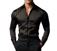 Camicia Uomo,Camicia Estiva Uomo,da, in Raso, a Righe, Casual, con Bottoni, a Righe, da Matrimonio, per Le Feste, Nere, a Maniche Lunghe, con Colletto, Abbigliamento (Black, L).