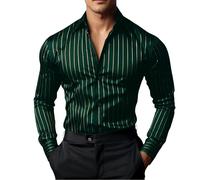 Camicia Uomo,Camicia Nera,da, in Raso, a Righe, Casual, con Bottoni, a Righe, da Matrimonio, per Le Feste, Nere, a Maniche Lunghe, con Colletto, Abbigliamento (Green, L).