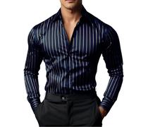 Camicia Uomo,Camicia Uomo Manica Lunga,da, in Raso, a Righe, Casual, con Bottoni, a Righe, da Matrimonio, per Le Feste, Nere, a Maniche Lunghe, con Colletto, Abbigliamento (Blue, S).