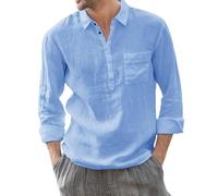 Camicia Uomo e Lino Manica Lunga Estate Cotone Camicie Superiore di Qualità Funky Henley Camicia Tinta Unita Leggero Traspirante Casual Spiaggia per Incontri, azzurro, XL