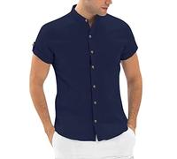 Camicia Uomo Lino Cotone Collo Coreana Camicie Manica Corta Traspirante No Stiro Camicia Elegante Mare Bianca Slim Fit Bluse Botton Down Regular Fit Taglie Forti Camicia Ufficio Estate 2025 Moda