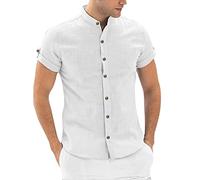 Camicia Uomo Lino Cotone Collo Coreana Camicie Manica Corta Traspirante No Stiro Camicia Elegante Mare Bianca Slim Fit Bluse Botton Down Regular Fit Taglie Forti Camicia Ufficio Estate 2025 Moda
