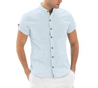 Camicia Uomo Lino Cotone Collo Coreana Camicie Manica Corta Traspirante No Stiro Camicia Elegante Mare Bianca Slim Fit Bluse Botton Down Regular Fit Taglie Forti Camicia Ufficio Estate 2025 Moda