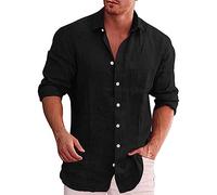 Camicia Uomo Lino Da Spiaggia Leger Estate Solid Camicetta Henley Casual con Tasca Manica Lunga T Shirts Scollo a V Regular Fit Elegante Chic Abbottonato Classico Traspirante Top Camicie Shirt, Nero