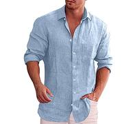Camicia Uomo Lino Da Spiaggia Leger Estate Solid Camicetta Henley Casual con Tasca Manica Lunga T Shirts Scollo a V Regular Fit Elegante Chic Abbottonato Classico Traspirante Top Camicie Shirt, blu