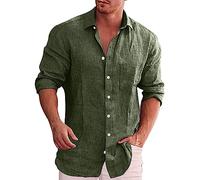 Camicia Uomo Lino Da Spiaggia Leger Estate Solid Camicetta Henley Casual con Tasca Manica Lunga T Shirts Scollo a V Regular Fit Elegante Chic Abbottonato Classico Traspirante Top Camicie Shirt, verde