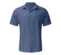 Camicia Uomo Lino Elegante Manica Corta Camicia Estiva Slim Fit Casual Camicie Cotone Spiaggia Traspirante Coreana Bluse Con Bottoni Bianca Scollo a V Classica Camicie Da Lavoro Per Spiaggia Vacanze